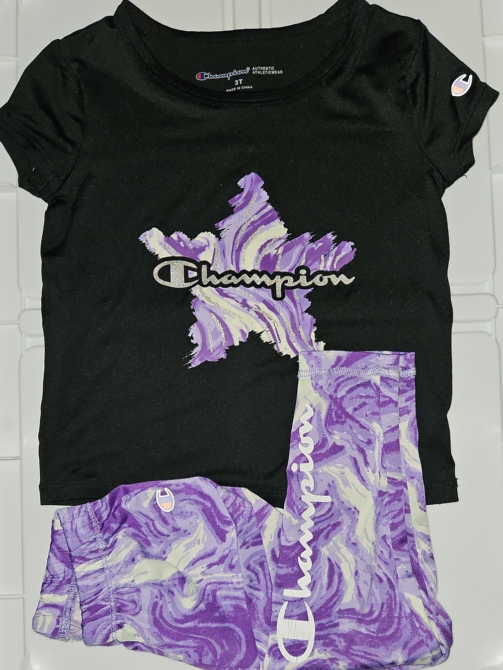 Champion Black Tee with Purple Marble Star & Leggings
